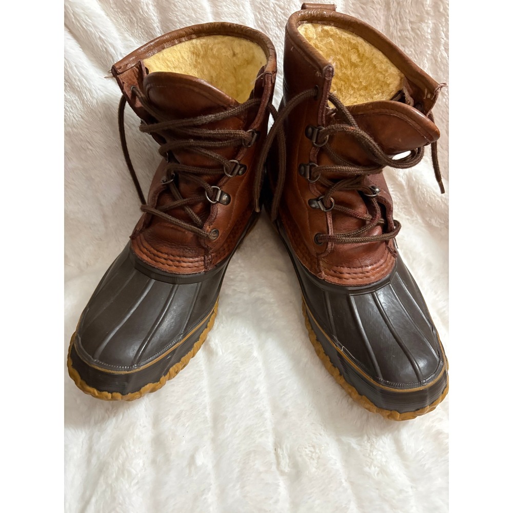 LL Bean Shearling Lined Bean Boots Brown Leather Duck Boots Made in USA